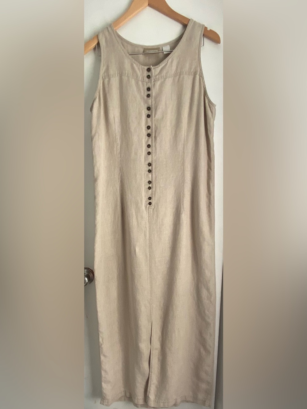 Liz Claiborne Lizwear Beige Linen 12 Round Neck Sleeveless Button Slit Maxi